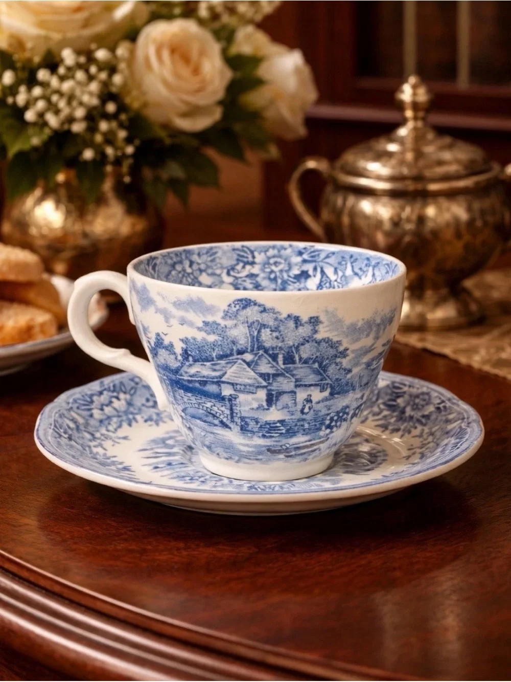 Vintage 1950s Salem English Village Blue Transferware Teacup & Saucer England